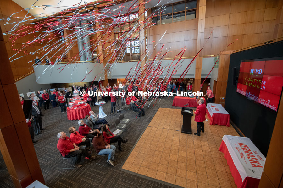 As Chancellor Ronnie Green finished up his speech, confetti cannons showered the surprised crowd. Everyone was invited to enjoy a cupcake and join in the festivities with their Husker friends at the Wick Alumni Center, Friday February 15th. The Nebraska Charter was available to view, along with other historical items. Copies of Dear Old Nebraska U could be purchased and signed. Charter Day at the Wick Alumni. February 15th, 2019. Photo by Gregory Nathan / University Communication.